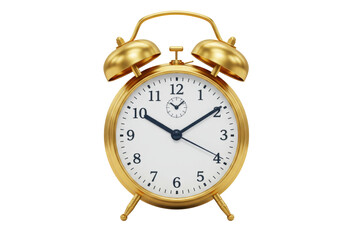 Golden alarm clock isolated on transparent background, classic design timekeeping device for reminders and wake-up calls PNG