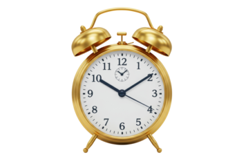 Golden alarm clock isolated on transparent background, classic design timekeeping device for reminders and wake-up calls PNG