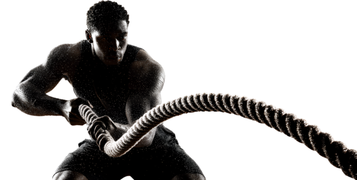 Muscular Man Performing Battle Ropes Exercise Cutout Transparent