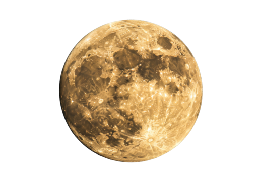 Detailed full moon PNG isolated on transparent background, celestial body with craters and lunar surface for astronomy and space exploration