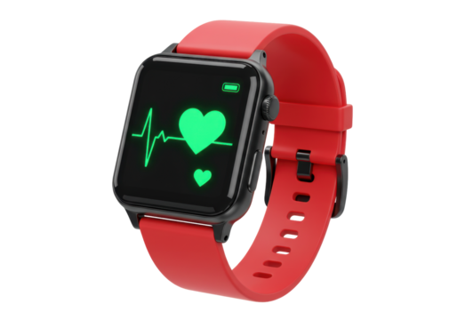 Red smart watch with heart rate monitor isolated on transparent background, wearable technology for health and fitness tracking