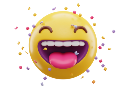 Laughing emoji PNG isolated on transparent background, yellow face with tongue out and confetti, joyful expression for social media