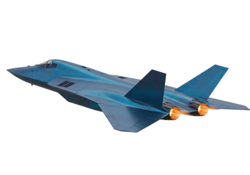Blue futuristic fighter jet isolated PNG, advanced military aircraft with glowing engines on transparent background for defense concepts