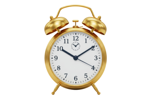 Golden alarm clock isolated on transparent background, classic design timekeeping device for reminders and wake-up calls PNG