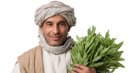 Smiling man in traditional attire holding fresh greens, isolated on white background.