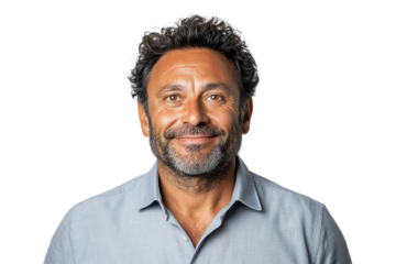 Smiling man with curly hair wearing a light blue shirt, isolated on white background.