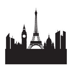 Obraz premium Black silhouette of Eiffel Tower Big Ben and modern buildings skyline city landmark