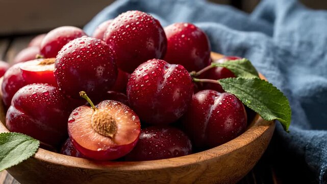 Fresh plums in wooden bowl. Juicy red fruit displays vibrant colors. Water droplets create appealing look. Perfect for healthy recipes and summer snacks.