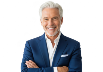 Confident senior man in blue suit smiling, arms crossed, isolated on transparent background
