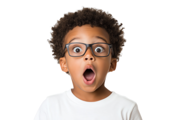 Surprised boy with glasses, wide-eyed expression, and curly hair, isolated on white background.