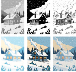 Cozy winter cabin illustrations in snowy mountain scenery, featuring various artistic styles including color, grayscale, black and white, and outline vector versions