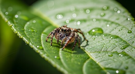 Jumping Spider on Leaf with Water Droplets in Macro.