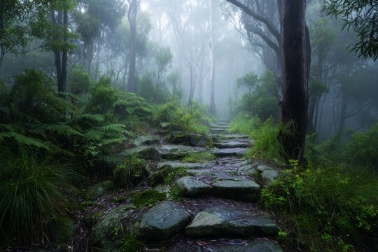 Misty forest pathway symbolizing reflection, mystery, and personal journey.