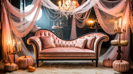  Gothic-inspired pastel interior decorated with cobweb chandelier, velvet chairs, and pink pumpkins

