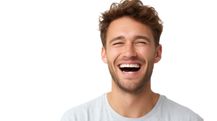 Young man laughing joyfully against a white isolated background, showcasing happiness and positivity.