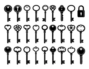 Collection of detailed antique keys with a padlock