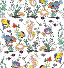 a drawing of a group of fish swimming in the water with plants and sea food on the side of it; arts and crafts movement, vector illustrations.