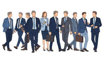 Business professionals in suits walking, various poses and expressions, teamwork concept