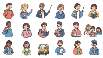 Diverse group of cartoon characters representing students, teachers, and staff in an educational setting