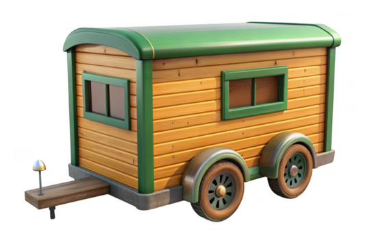Cartoon wooden trailer with green trim, wheels, and windows for camping adventure, vector illustration, png, isolated on transparent background