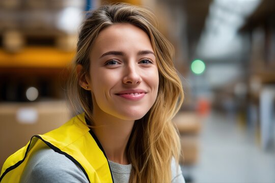 Young caucasian female warehouse worker smiling in high-visibility vest