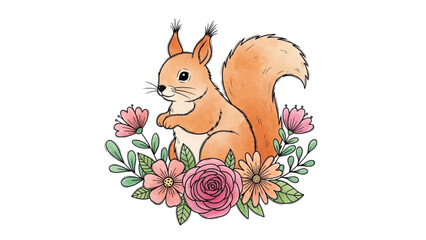 Watercolor Squirrel with Floral Arrangement A Delightful Illustration
