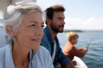 Elderly caucasian woman and family enjoying fishing on a sunny day