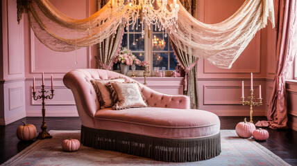  Gothic-inspired pastel interior decorated with cobweb chandelier, velvet chairs, and pink pumpkins
