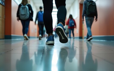 A low-angle shot of students walking in a school hallway, their footsteps echoing on the shiny tiled floor. The focus is on the feet of one student, wearing blue sneakers. High quality