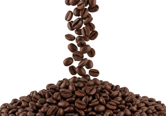 Obraz premium Falling roasted coffee beans pile stock photo, coffee beans falling down, coffee beans stock image, coffee beans isolated on transparent background