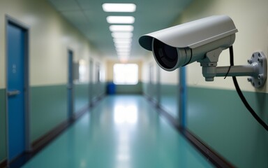 Surveillance camera watching over an empty hallway, representing security, monitoring, and concerns about privacy in modern environments like schools or offices. High quality