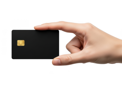 Black credit card mockup in hand, financial payment method, banking and shopping concept, business card, isolated on transparent background