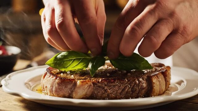 Chef Hand Springling salt on grilled steak
