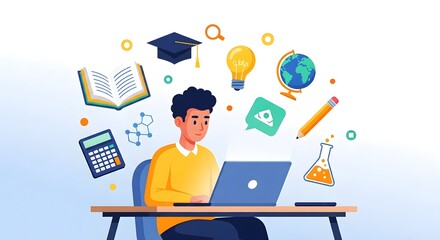 A young person is studying online with a laptop, surrounded by various educational icons.