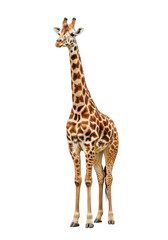 Naklejka premium Full body giraffe standing tall, wildlife animal photography, mammal portrait, safari animal, zoo animal, giraffidae isolated on transparent background