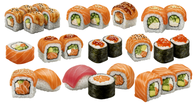 Assortment of Fresh Sushi Rolls with Salmon and Various Fillings