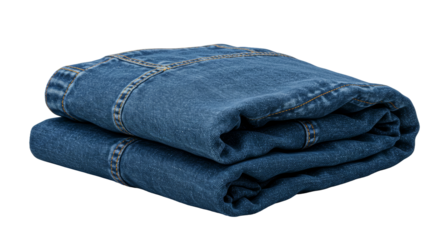 Close up of Two Pieces of Blue Folded Denim Fabric with Orange Stitching