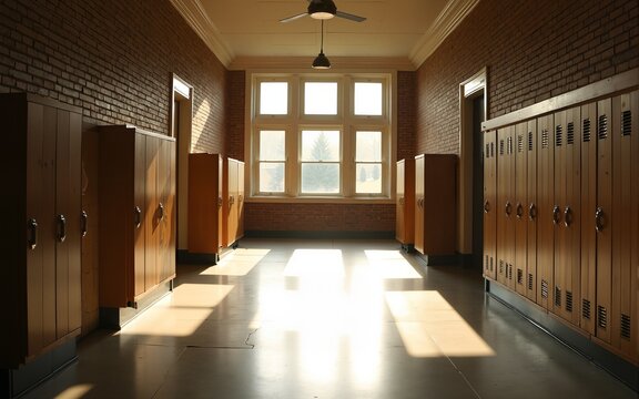 Sunlit hallway in an old school building with brick walls, wooden lockers, and large windows. High quality