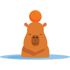 A friendly orange capybara with closed eyes balances a small orange ball on its head while sitting in calm blue water on a transparent background