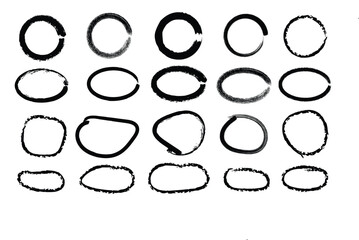 Hand-drawn circle and oval brush stroke set. Perfect for highlights, design elements, doodles, sketch art, and creative illustrations. Grunge ink circle collection for modern graphic design.
