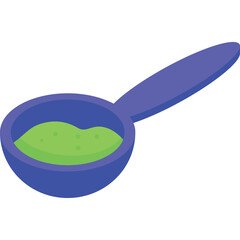 A blue plastic measuring spoon filled with green powder against a transparent background