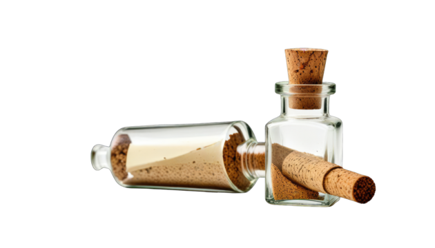 Two glass bottles with corks and scrolls inside