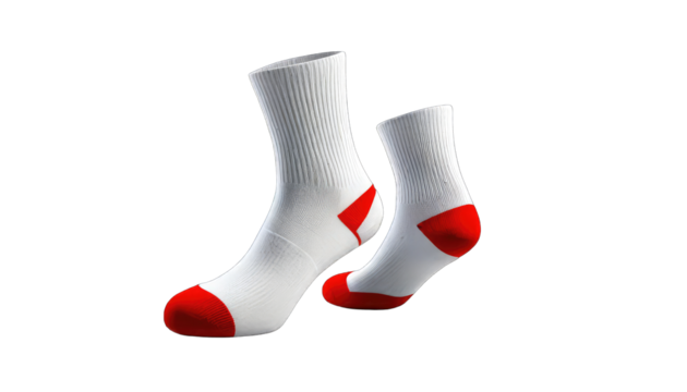 Two white athletic socks with red accents