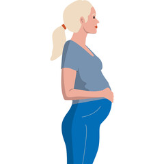 Side Profile Of A Pregnant Woman With Blond Hair In A Ponytail Wearing A Blue T Shirt And Blue Jeans Holding Her Belly On A Transparent Background
