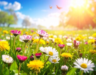 Fototapeta premium Meadow with lots of white and pink spring daisy flowers and yellow dandelions in sunny day