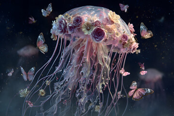 a jellyfish with flowers and butterflies floating in the air