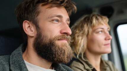 Man and woman in a van during a road trip.
