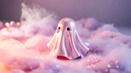 Cute pastel ghost with glowing blush cheeks floating in pink glitter mist, soft Halloween background
