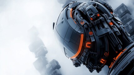 Fototapeta premium Futuristic Robot Head with Glowing Orange Accents in a Cloudy Dystopian Cityscape.
