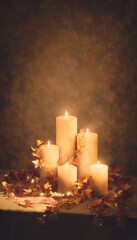 Cozy candle lit all saints day arrangement with fall leaves and soft ambient glow for festive art